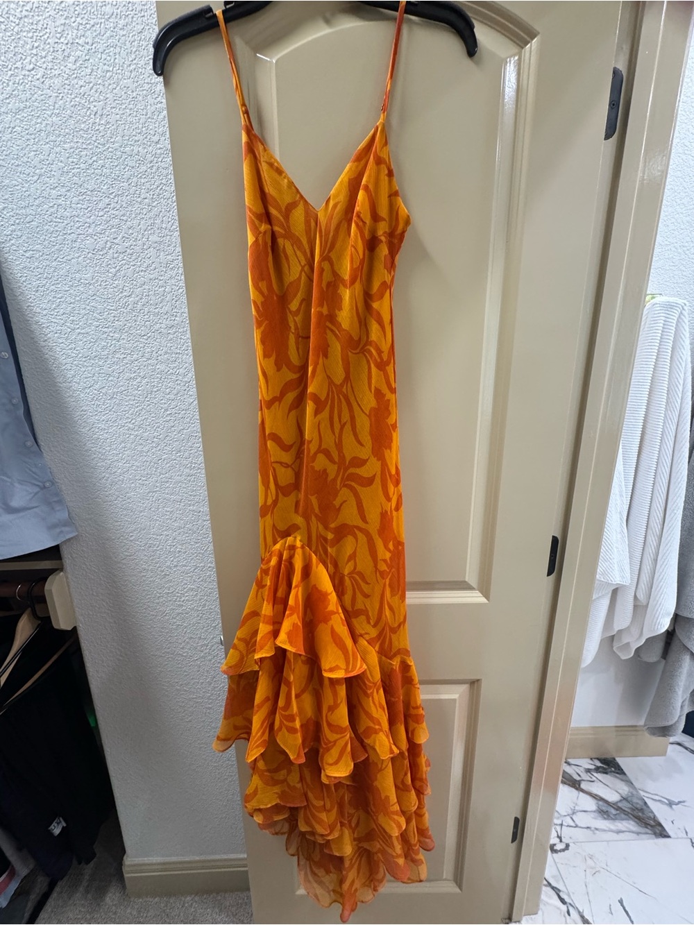 Misa Los Angeles Orange Floral Ruffle Slip Dress NWOT